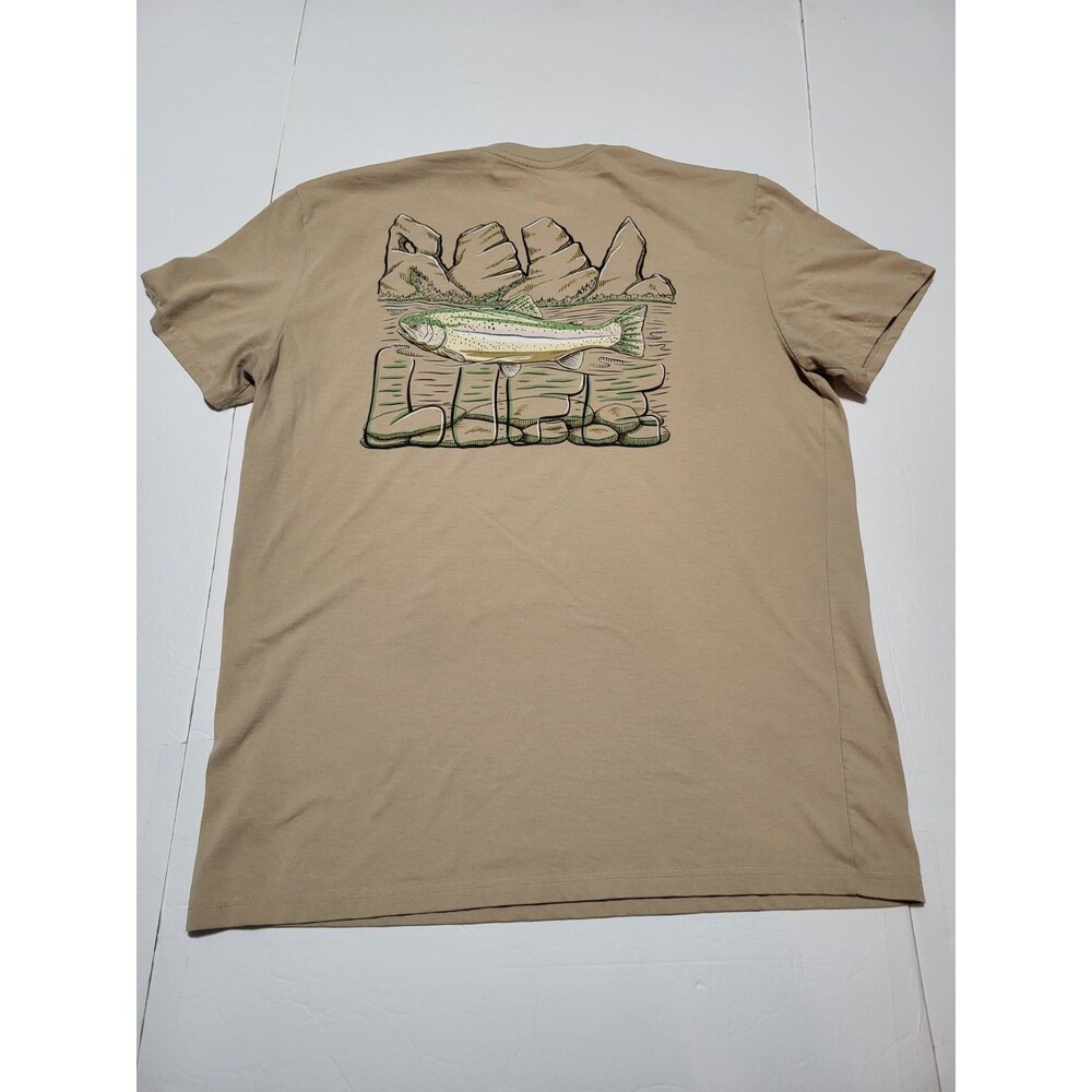 (#L7) Reel Life Men's L Brown Crew Neck Short Sleeve Graphic Logo T-Shirt
